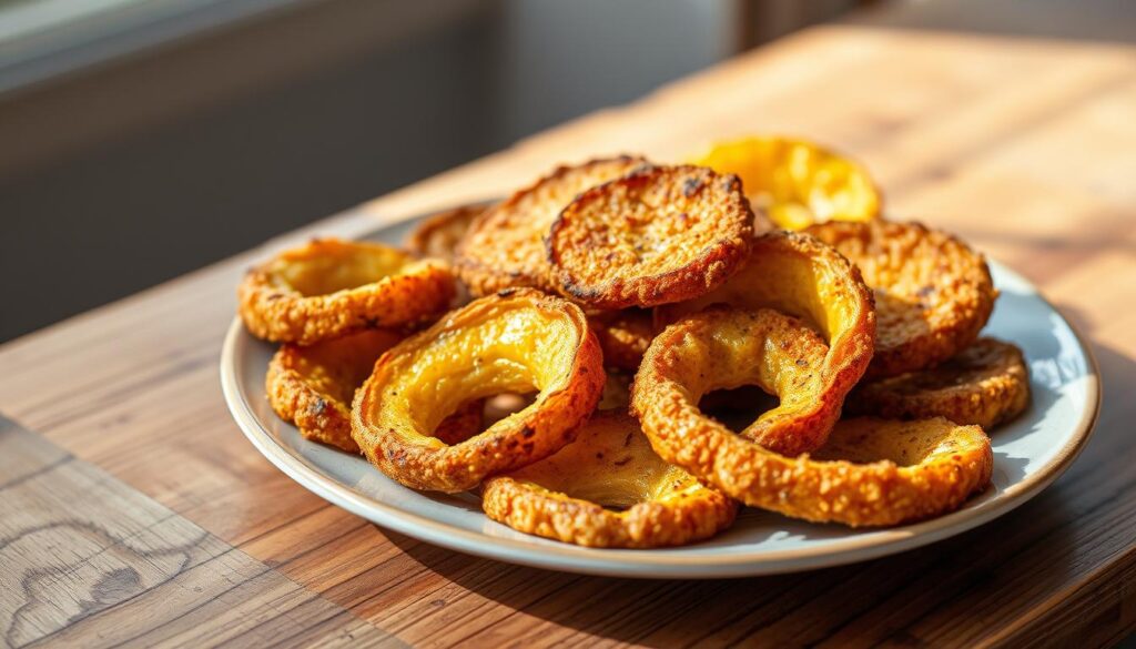 A plate of freshly fried squash slices, golden-brown and glistening, sits atop a rustic wooden surface. The squash is coated in a crisp, seasoned breading that crunches with each bite, infused with a harmonious blend of warm spices like paprika, garlic, and a hint of cayenne. Soft natural light bathes the scene, creating a cozy, inviting atmosphere. The squash slices are arranged in a casual, artful manner, showcasing their appealing texture and alluring aroma. This homemade fried squash dish, a perfect representation of seasonal comfort food, is ready to be savored.