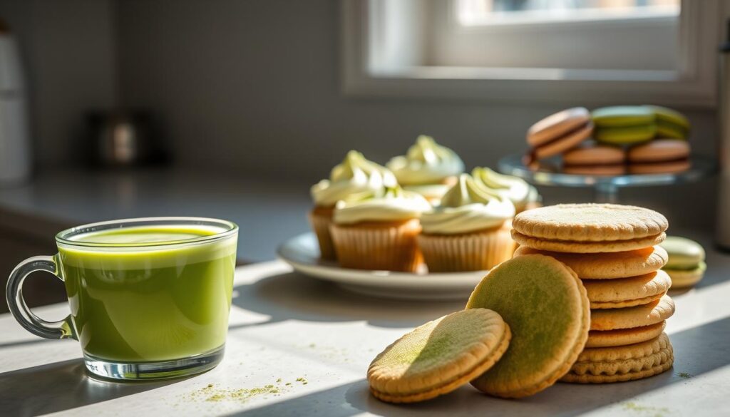 A serene, sun-drenched kitchen counter displaying an arrangement of matcha-infused delights. In the foreground, a vibrant green matcha latte sits alongside a stack of golden matcha shortbread cookies. In the middle ground, a plate of fluffy matcha muffins with swirls of cream cheese frosting. In the background, a cluster of matcha-dusted macarons in pastel hues of green, white, and pink. Soft, diffused lighting casts a warm glow, highlighting the natural textures and vibrant colors of the matcha flavor combinations. The scene evokes a sense of tranquility and culinary experimentation, inviting the viewer to explore the versatility of this beloved Japanese green tea powder.
