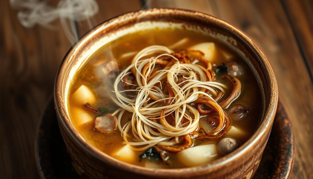 A steaming bowl of hearty soup, filled with the rich, earthy essence of lion's mane mushrooms. The delicate, wispy strands float amidst a savory broth, their intricate textures and warm hues complementing the dish. Soft onions and garlic provide a fragrant base, while a light drizzle of olive oil glistens on the surface, reflecting the gentle studio lighting. The soup is presented in a rustic, handcrafted ceramic bowl, set against a simple wooden backdrop, creating a comforting, homestyle atmosphere. This image captures the perfect harmony of lion's mane's unique culinary potential, seamlessly integrated into a classic comfort food.