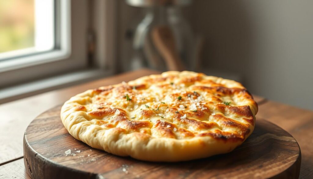 A steaming, golden-brown gluten-free cottage cheese flatbread resting on a rustic wooden board, ready to be reheated. Warm, soft interior and a crisp, lightly charred exterior shine under soft, diffused natural light filtering through an airy window. The flatbread's inviting aroma wafts through the air, enticing the senses. Grains of coarse sea salt and flecks of fresh herbs add subtle pops of texture and flavor. The scene exudes a cozy, homemade atmosphere, perfect for enjoying a comforting and delicious cottage cheese flatbread.