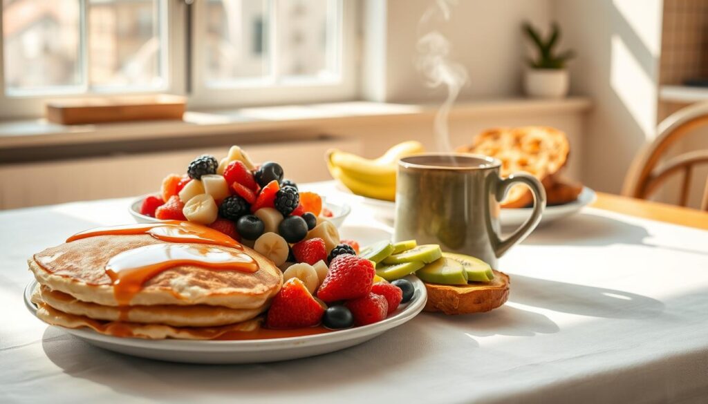 A sun-drenched kitchen table, covered with a crisp white tablecloth, showcases an array of tempting gluten and dairy-free breakfast items. In the foreground, a stack of fluffy, golden pancakes, drizzled with maple syrup, sits next to a vibrant fruit salad overflowing with sliced bananas, berries, and kiwi. In the middle ground, a rustic ceramic mug filled with fragrant herbal tea steams gently, accompanied by a plate of crisp, golden-brown toast topped with creamy avocado and a sprinkle of sea salt. The background features a large window, allowing natural light to flood the scene, casting a warm, welcoming glow over the entire composition.