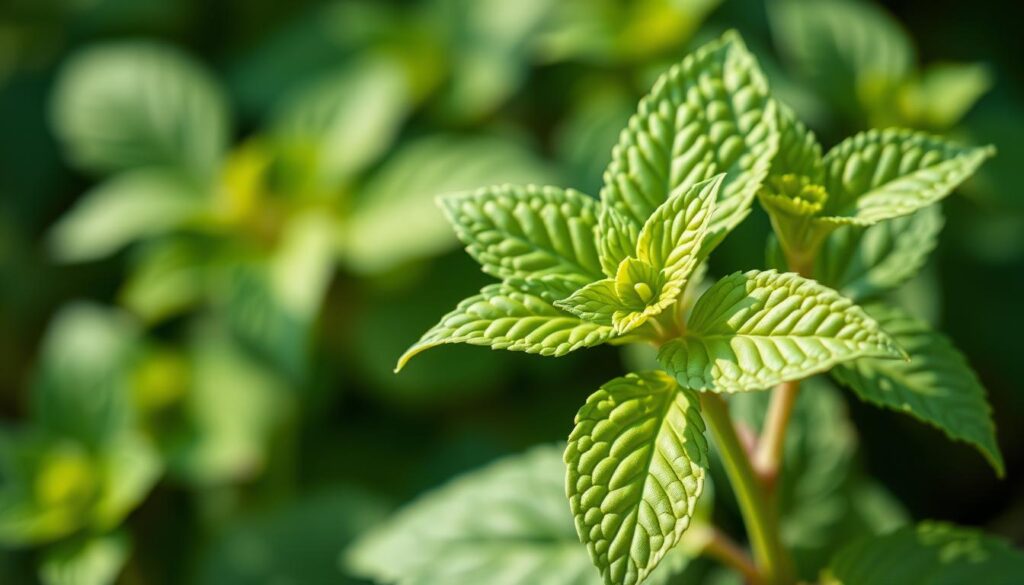 A vibrant close-up photograph of a lemon balm plant, its leaves gently illuminated by soft natural lighting, set against a blurred background of greenery. The leaves appear slightly wilted, with subtle hints of discoloration, alluding to potential side effects. The composition is balanced, drawing the viewer's attention to the plant's delicate features. Captured with a high-resolution camera lens, the image conveys a sense of cautious exploration, inviting the viewer to consider the nuances of using lemon balm and its potential impact.