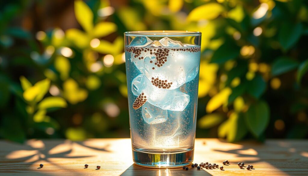 A vibrant glass of chia-infused water, illuminated by warm, natural lighting and set against a backdrop of lush, verdant foliage. The chia seeds, suspended in the clear liquid, create a captivating visual, hinting at the potential digestive benefits. The composition emphasizes the refreshing, hydrating nature of the drink, with a focus on the transparency and purity of the water. The scene conveys a sense of wellness, vitality, and a connection to nature, reflecting the healthful properties of chia water.