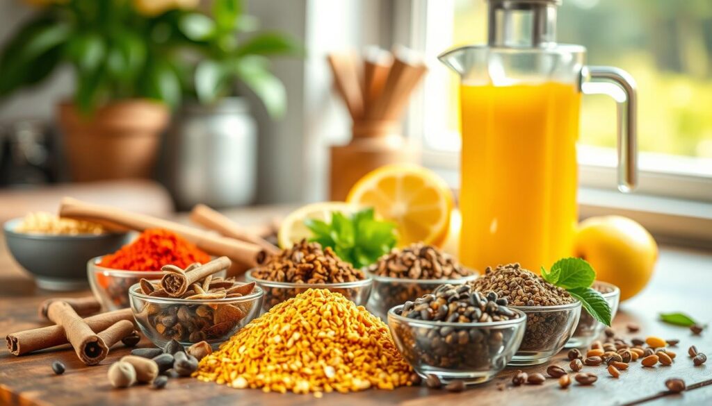A vibrant still life arrangement showcasing an array of colorful spices on a wooden table. In the foreground, an assortment of whole and ground spices, such as cinnamon sticks, cloves, cardamom pods, and cumin seeds, are elegantly displayed in small bowls. The middle ground features a juicer filled with freshly squeezed citrus juice, evoking the connection between spices and flavorful juicing recipes. The background is softly blurred, creating a sense of depth and focus on the spices. Natural lighting from a window casts a warm, golden glow over the scene, enhancing the rich hues of the spices. The overall mood is one of culinary inspiration and the power of spices to elevate the flavor of healthy juicing concoctions.