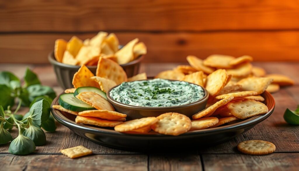 A vibrant still life showcasing the perfect pairings for Knorr's classic spinach dip. In the foreground, a platter of artfully arranged dippers - crisp pita chips, crunchy cucumber slices, and buttery garlic-parmesan crackers. The mid-ground features the creamy, verdant spinach dip, garnished with a scattering of fresh herbs. In the background, a rustic wooden surface provides a textural backdrop, while warm, diffused lighting casts a cozy, inviting glow over the scene. The composition is balanced and visually appealing, highlighting the delectable partnership between the flavorful dip and its complementary accompaniments.