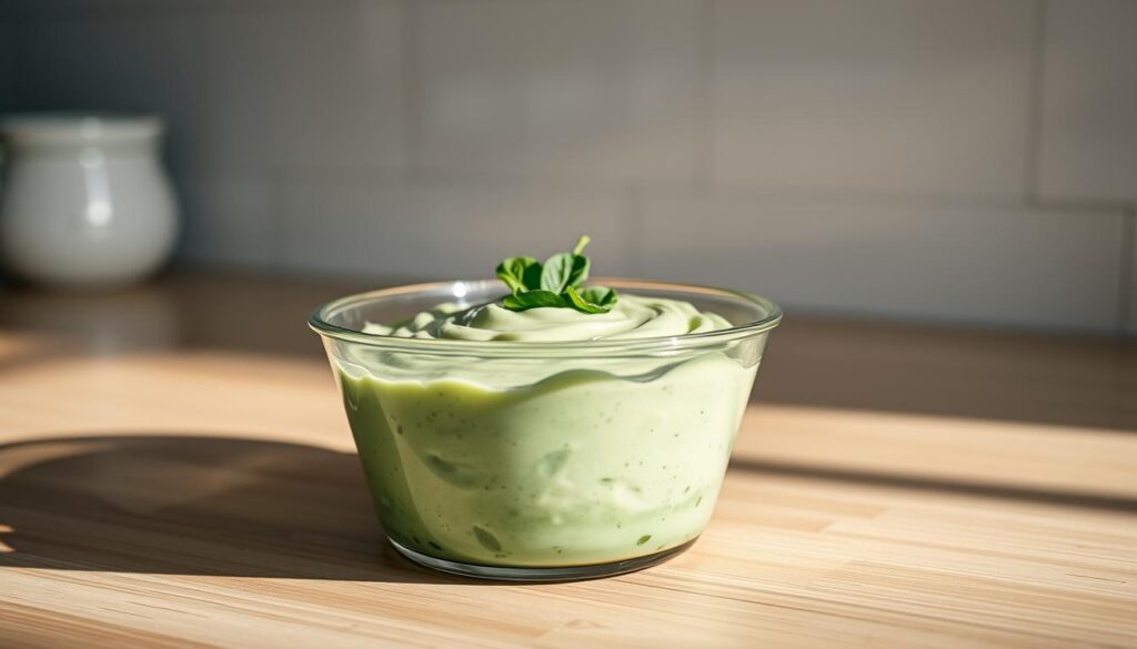 A well-lit kitchen countertop showcasing a clear glass container filled with Knorr's creamy spinach dip. The dip is garnished with fresh spinach leaves, complementing the vibrant green hue. The container is placed on a light-colored wooden surface, creating a natural and inviting atmosphere. Soft shadows and highlights accentuate the texture and depth of the dip, conveying its rich and velvety consistency. The image exudes a sense of culinary expertise and attention to detail, making it an ideal visual representation for storage and reheating tips.