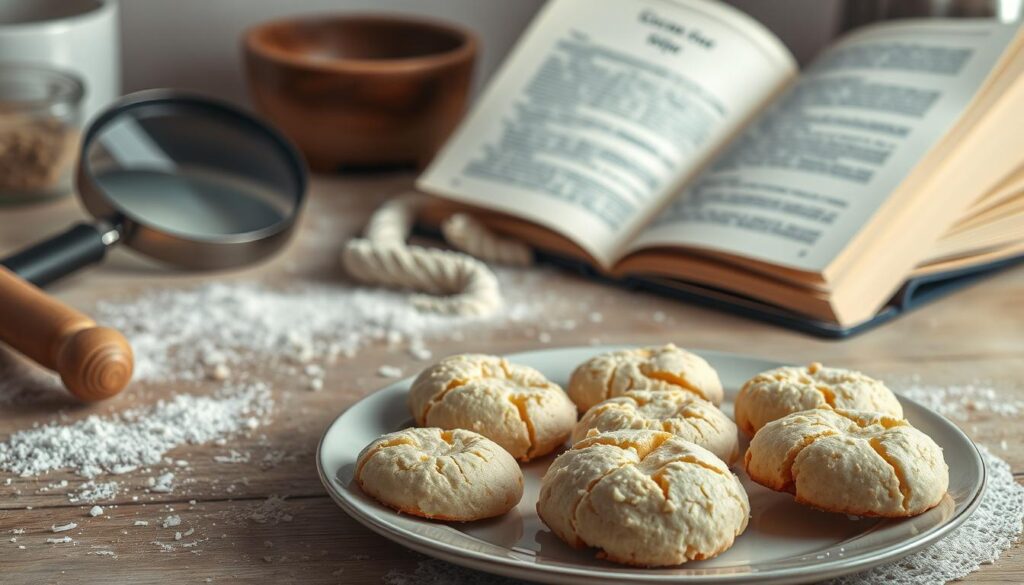 An artistically crafted scene of a baker's workspace, featuring a plate of misshapen coconut cookies accompanied by various troubleshooting tools. The foreground showcases the irregular cookies, with cracks, uneven shapes, and other baking mishaps. The middle ground displays a magnifying glass, a rolling pin, and a cookbook open to a recipe page, hinting at the investigative process of resolving the cookie conundrum. The background is softly lit, with a warm, homey atmosphere, conveying the challenge and determination of perfecting the coconut cookie recipe. The overall composition invites the viewer to explore the troubleshooting process, capturing the essence of the "Troubleshooting Common Problems" section.