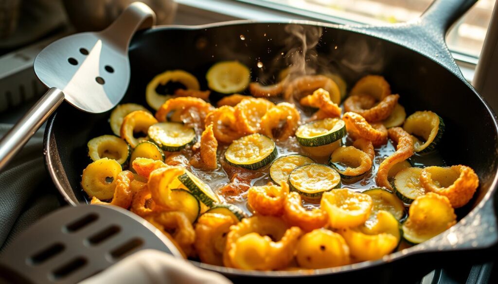 Crisp, golden-brown slices of fresh zucchini sizzling in a cast iron skillet, bathed in a warm glow of natural sunlight filtering through a kitchen window. The squash pieces are evenly coated in a light, crispy batter, their edges curled and textured. Droplets of oil dance and spit on the pan's surface, creating a symphony of sizzles and crackles. Surrounding the squash, a carefully curated selection of essential tools - a sturdy spatula, a pair of tongs, and a pair of heat-resistant gloves - are arranged neatly, ready to assist in the frying process. The overall scene exudes a sense of warmth, comfort, and the mouthwatering anticipation of a delicious fried squash dish.