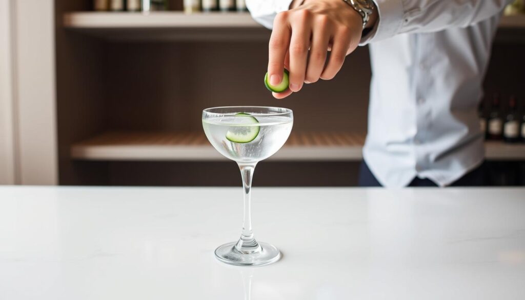 A bartender's hand meticulously prepares a cucumber martini, the glass filled with a crystal-clear liquid and garnished with a delicate spiral of cucumber. The bartop is sleek and polished, reflecting the scene in a soft, diffuse light. In the background, a minimalist bar interior with muted tones and clean lines sets an elegant, sophisticated atmosphere. The overall mood is one of refinement and attention to detail, perfectly capturing the essence of the "Step-by-Step Instructions to Make Your Cucumber Martini" section.