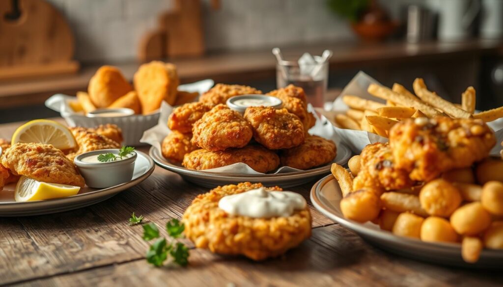A beautifully lit close-up of an assortment of fried cod fish dishes, including crispy battered fillets, cod cakes, and fish and chips. The plates are arranged on a rustic wooden table, complemented by fresh lemon wedges, tartar sauce, and a sprinkle of parsley. The lighting casts a warm, golden glow, highlighting the delicate flakiness of the fish and the inviting crunch of the breading. In the background, a blurred, softly-lit kitchen scene suggests a cozy, homemade atmosphere. The overall composition and styling evoke a mouthwatering, appetizing display of tasty fried cod fish recipes that would pair perfectly with a variety of sides.