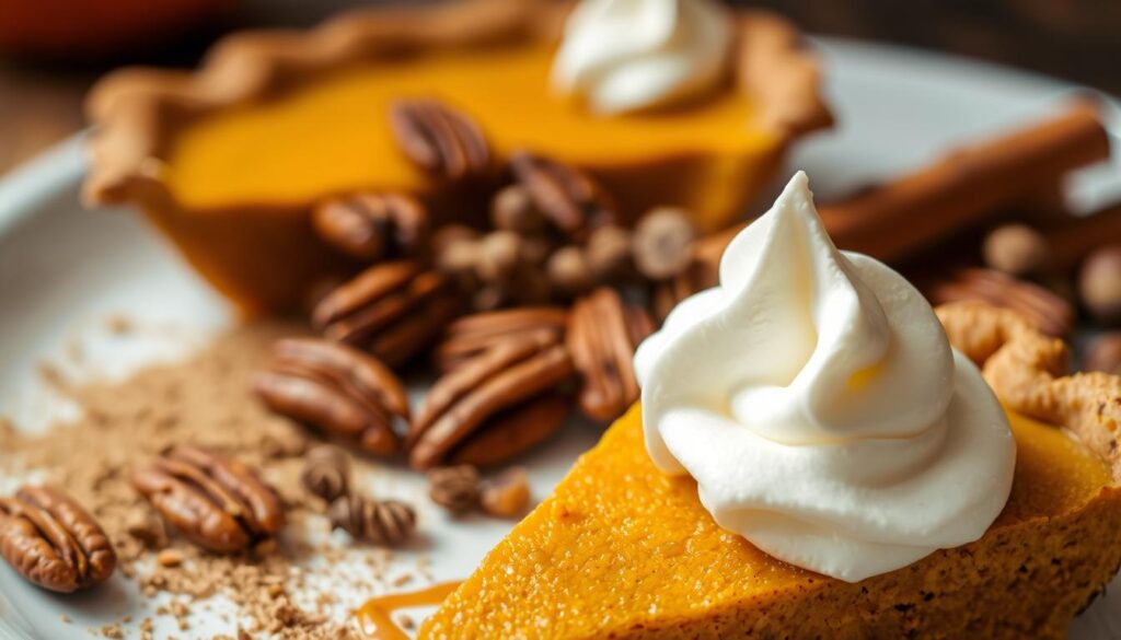 A beautifully lit, close-up photograph of an assortment of pumpkin pie toppings. In the foreground, whipped cream cascades artfully over a slice of freshly baked pumpkin pie, its golden-brown crust glistening. Scattered around the pie are toasted pecans, a dusting of cinnamon, and a drizzle of caramel sauce, creating a delectable and visually appealing arrangement. The background is softly blurred, allowing the toppings to take center stage and draw the viewer's attention to the enticing flavors and textures of this classic fall dessert.