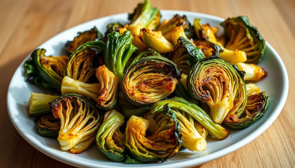 A beautifully lit close-up shot of a plate filled with roasted Brussels cabbage wedges, the vibrant green leaves charred to a golden-brown hue. The florets are seasoned with a light dusting of salt, pepper, and a hint of garlic, creating a savory aroma. In the background, a simple wooden table or surface, allowing the dish to take center stage. The lighting is soft and natural, casting gentle shadows that accentuate the tender texture of the roasted cabbage. The overall composition is clean and minimalist, putting the delicious-looking Brussels cabbage recipe in the spotlight.