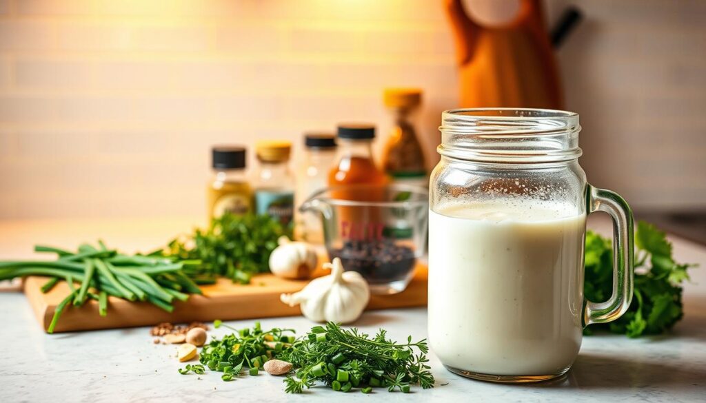 A beautifully lit kitchen counter showcases an array of freshly prepared ingredients for an easy homemade ranch dressing. In the foreground, a mason jar filled with a creamy, luscious dressing takes center stage, its contents glistening under warm, inviting lighting. Surrounding the jar, an assortment of herbs, spices, and seasonings, meticulously arranged, hint at the rich flavors that will be blended to perfection. In the middle ground, a cutting board displays neatly chopped chives, dill, and garlic, while a vintage-inspired glass measuring cup and a small bowl of black pepper add depth and character to the scene. The background features a clean, minimalist tile backsplash, allowing the ingredients to shine and inviting the viewer to imagine the delightful taste and aroma of the homemade ranch dressing.