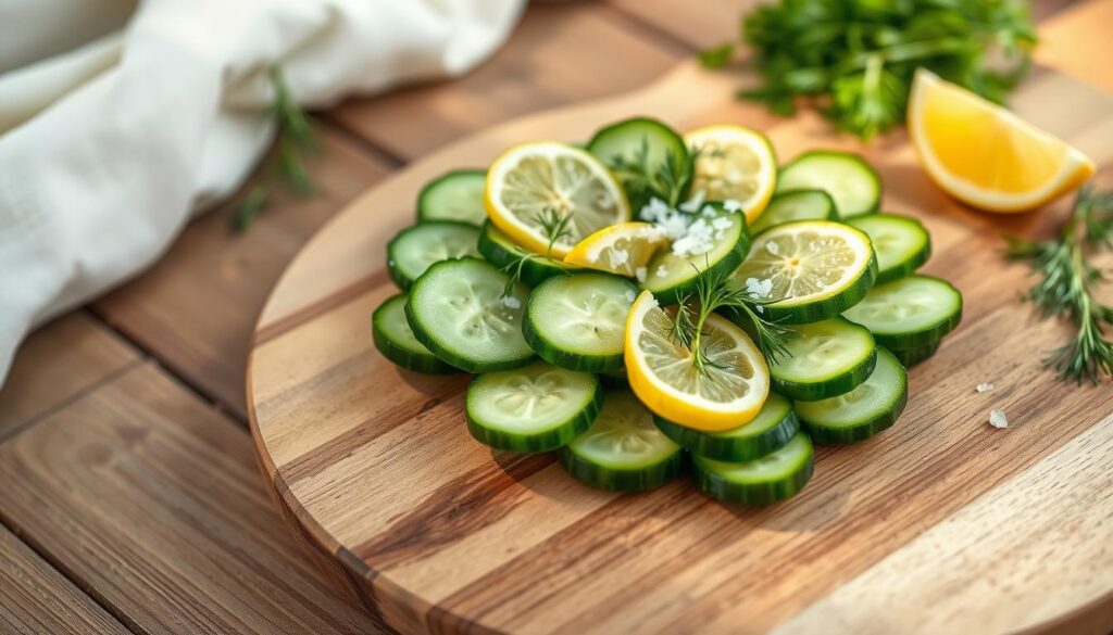 A beautifully presented Logan cucumber dish on a wooden table, garnished with fresh dill, lemon slices, and a sprinkle of sea salt. The crisp, vibrant green cucumber slices are arranged in an appealing, symmetrical pattern, capturing the eye. Soft, natural lighting illuminates the scene, creating a calming, appetizing atmosphere. The wooden table surface and neutral-toned background allow the colors of the dish to pop, making it the focal point. The overall composition evokes a sense of freshness, simplicity, and sophistication, perfectly suited for a "Serving Suggestions" section in an article about the Logan cucumber recipe.