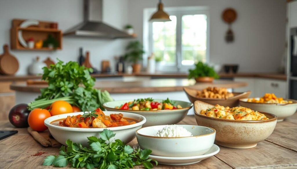 A beautifully styled scene of simple yet delicious golo recipes. In the foreground, an array of fresh ingredients like vibrant vegetables, fragrant herbs, and flavorful spices, arranged with artistic flair on a rustic wooden table. In the middle ground, a few golo dishes - a hearty stew, a colorful salad, and a comforting casserole - presented in elegant ceramic bowls, their aroma and textures beckoning. The background features a bright, airy kitchen with soft natural lighting filtering through large windows, creating a warm, inviting atmosphere. The overall mood is one of approachability and simplicity, encouraging the viewer to try these beginner-friendly golo recipes.