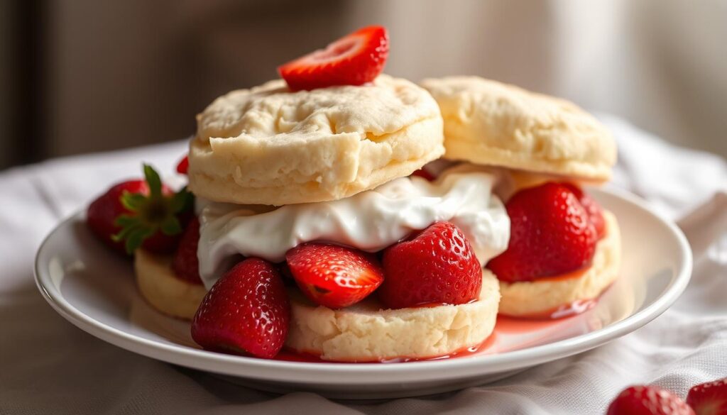 A bountiful plate of homemade Bisquick strawberry shortcake, the delicate white biscuits cradling plump, juicy strawberries. The shortcake is set against a soft, natural backdrop, with warm, diffused lighting illuminating the scene. The berries glisten, their vibrant red hues contrasting beautifully with the cream-colored biscuits. The overall composition is clean and uncluttered, allowing the simplicity and elegance of the dish to shine. The mood is one of rustic sophistication, inviting the viewer to imagine savoring this classic summertime treat.