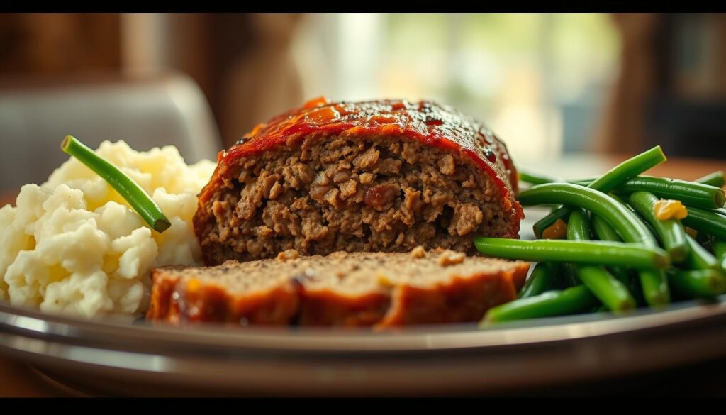 A classic Lipton meatloaf sits center stage, its savory aroma wafting through the air. Flanking the meatloaf are fluffy mashed potatoes, lightly seasoned and glistening with butter, and vibrant green beans sautéed to perfection. The lighting is warm and inviting, casting a soft glow over the meal. The camera is positioned at a slight angle, capturing the dish in an elegant, appetizing composition. The atmosphere is cozy and homey, conveying the comforting essence of a traditional family supper. The overall mood is one of culinary delight, enticing the viewer to imagine themselves enjoying this satisfying Lipton meatloaf and side dish spread.