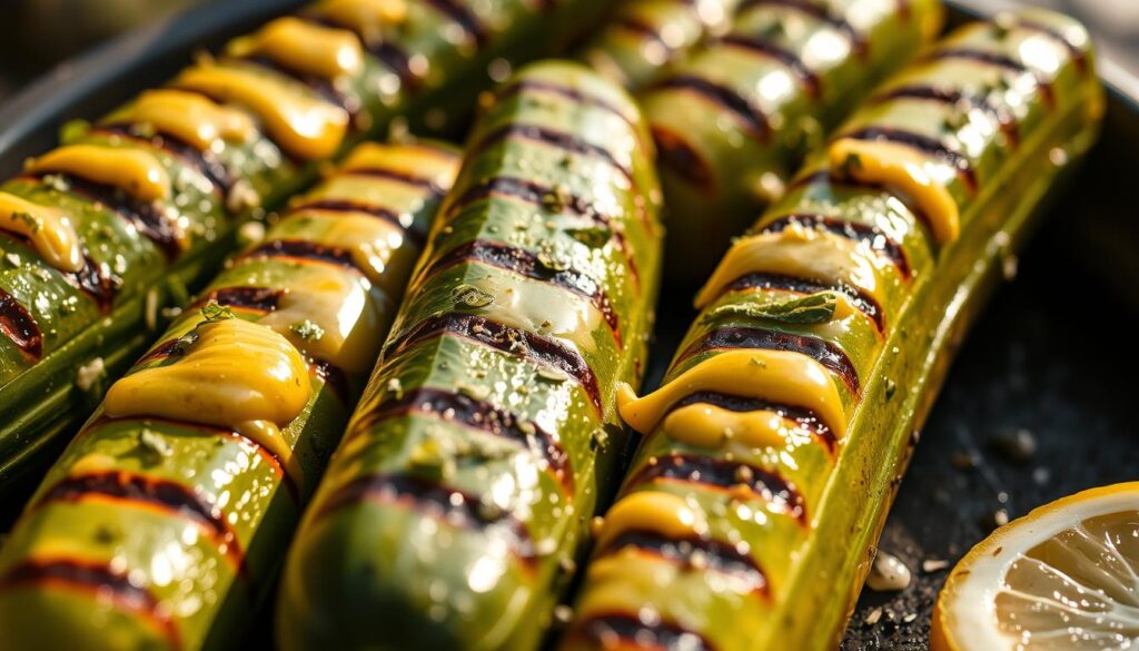 A close-up photograph of freshly grilled Logan cucumbers, drizzled with a tangy lemon-garlic sauce and garnished with fragrant herbs. The cucumbers have perfect grill marks, with a slight char on the edges, creating a delightful contrast between the tender interior and the crisp exterior. The lighting is warm and natural, casting a golden glow on the scene, highlighting the vibrant green hues of the cucumbers. The composition is clean and focused, placing the grilled Logan cucumbers as the central subject, with a blurred background that suggests a rustic, outdoor setting. The overall mood is one of simplicity, freshness, and mouthwatering anticipation.