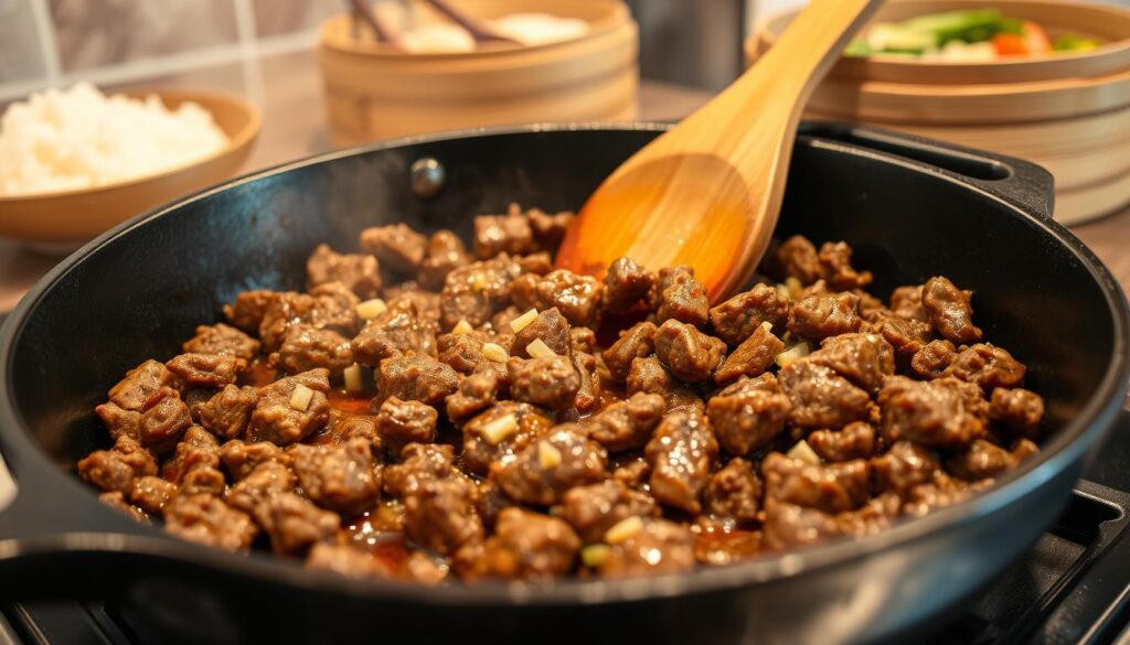 A close-up shot of a cast-iron skillet sizzling with ground beef, perfectly seasoned with soy sauce, brown sugar, and garlic. The beef is browning and caramelizing, releasing a mouthwatering aroma. In the background, a wooden spoon stands ready to stir the mixture, while a bamboo steamer basket sits on the counter, hinting at the aromatic rice and vegetables that will accompany the dish. Soft, warm lighting illuminates the scene, creating a cozy, inviting atmosphere.
