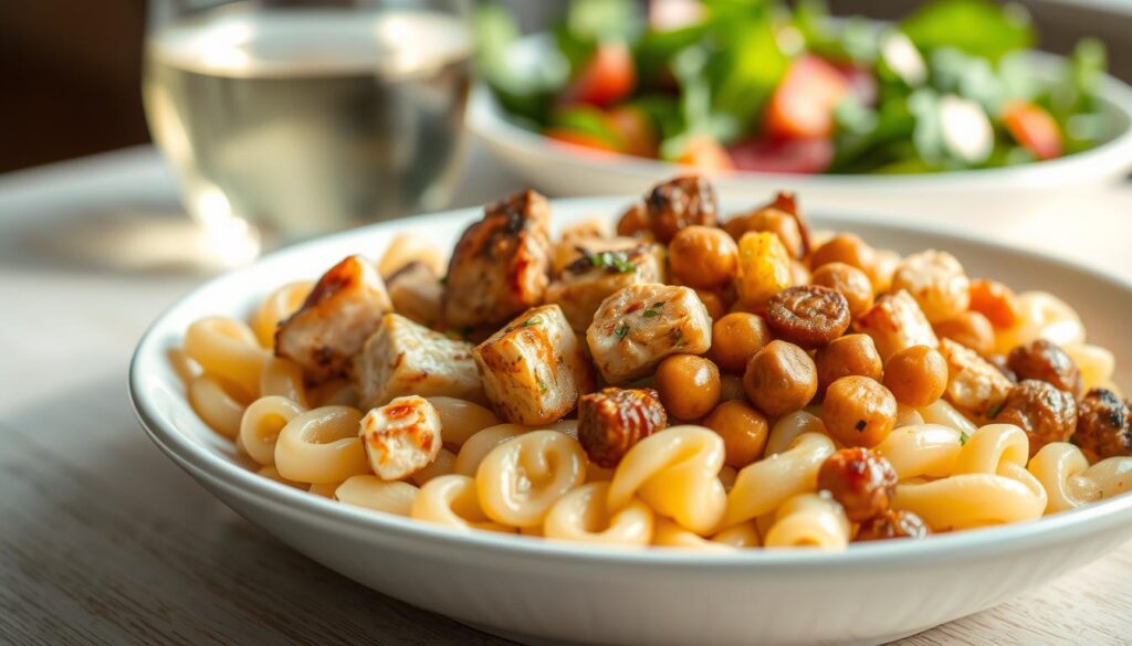 A close-up shot of a plate of ditalini pasta, cooked al dente, and topped with a selection of high-protein ingredients. In the foreground, tender pieces of grilled chicken, sautéed tofu cubes, and roasted chickpeas are arranged artfully, their textures and colors creating a visually appealing composition. The middle ground features the ditalini, its short, cylindrical noodles glistening with a light coating of olive oil. In the background, a crisp green salad and a glass of chilled white wine set the scene for a healthy, balanced meal. Soft, natural lighting illuminates the scene, casting gentle shadows and highlighting the vibrant hues of the ingredients. The overall mood is one of simplicity, nutrition, and culinary delight.
