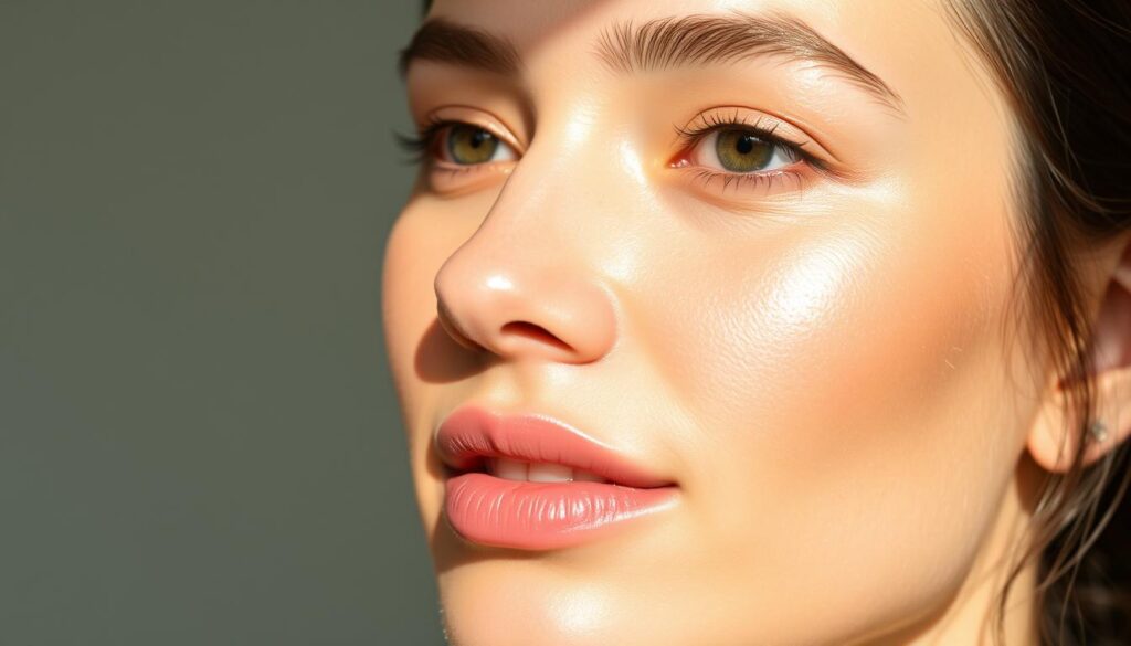 A close-up shot of a woman's face, lit by soft, diffused natural lighting. The skin has a healthy, luminous glow, accentuated by a layer of Glow Recipe's sunscreen blended seamlessly into the complexion. Subtle makeup, including a tinted moisturizer, blush, and a touch of highlighter, enhance the radiant, dewy finish. The woman's expression is relaxed and confident, conveying the effortless, glowing look achieved by layering the sunscreen and makeup. The background is blurred, placing the focus entirely on the woman's flawless, luminous skin.