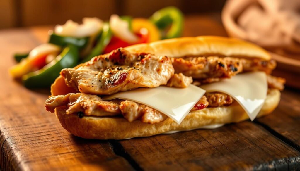 A close-up view of a chicken Philly cheesesteak assembly on a rustic wooden surface. In the foreground, thick slices of juicy, seasoned chicken breast lay atop a toasted hoagie roll, nestled between melted, gooey slices of provolone cheese. The middle ground features sautéed bell peppers and onions, their vibrant colors adding depth and texture. The background is softly blurred, creating a sense of focus on the main elements. Warm, diffused lighting casts a cozy, appetizing glow over the scene, inviting the viewer to savor the mouthwatering creation. The composition is balanced and harmonious, capturing the essence of the "Assembling Your Cheesesteak" section.