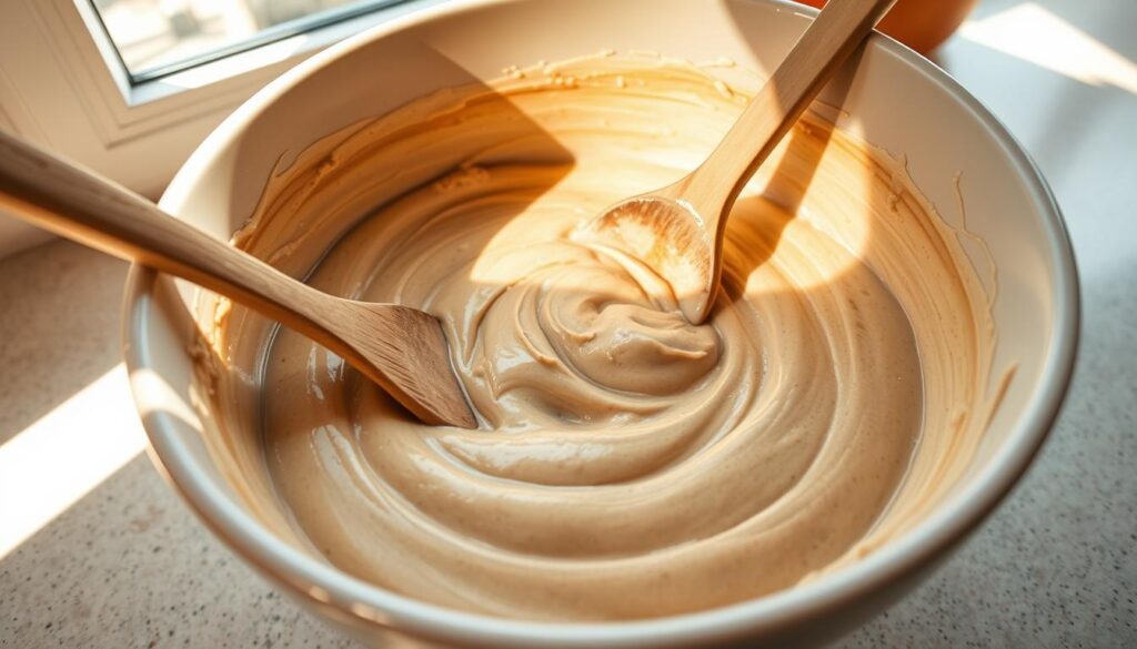 A close-up view of a large ceramic mixing bowl filled with a creamy, light-brown date nut bread batter. The batter is being gently stirred with a wooden spoon, creating soft swirls and ripples across the surface. Warm, natural light streams in from a window, casting a soft, diffused glow over the scene. The countertop is made of a light-colored, textured stone, and the background is slightly blurred, keeping the focus on the main action of mixing the batter. The overall mood is one of homey, comforting preparation, with a sense of care and attention to detail.