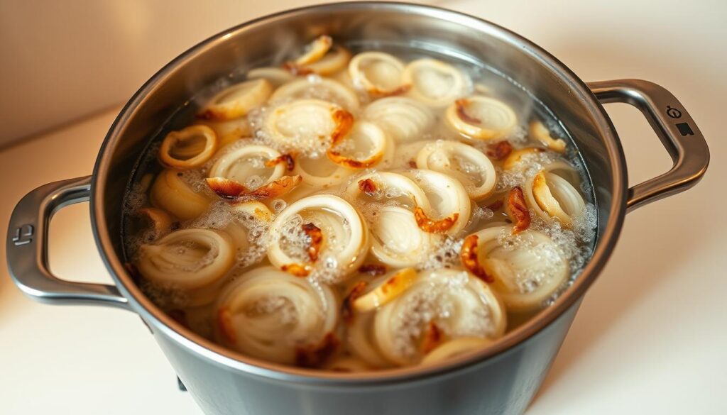 A close-up view of a steaming pot of boiling onions, with sliced onions floating in the bubbling liquid. The onions have a slightly charred, caramelized appearance, indicating they have been cooked for an extended period. The pot is situated on a clean, neutral-colored kitchen counter, with a simple, minimalist background to focus attention on the subject. Warm, golden-hued lighting casts a cozy, inviting atmosphere, highlighting the rich colors and textures of the onions. The image conveys a sense of the common mistakes to avoid when preparing an onion boil, such as not cooking the onions long enough or at the right temperature.