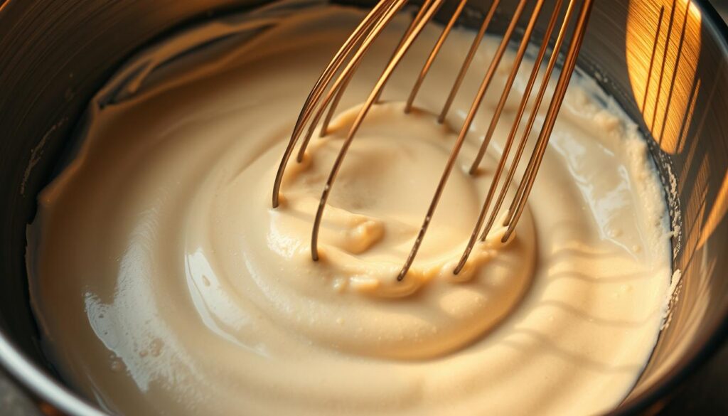 A close-up view of fresh pancake batter being vigorously mixed in a large stainless steel bowl. The batter is a smooth, creamy consistency, with tiny air bubbles forming and popping on the surface. Warm, golden light illuminates the scene, casting dramatic shadows across the swirling motions of the whisk. The background is slightly blurred, focusing the viewer's attention on the hypnotic, fluid movements of the batter. The overall mood is one of careful preparation, with a sense of anticipation for the delicious pancakes to come.