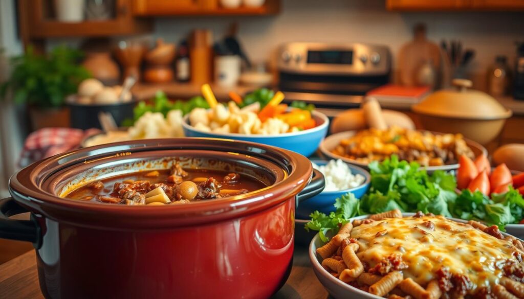 A cozy, inviting kitchen scene featuring a variety of delectable crock pot ground beef dishes. In the foreground, a hearty beef stew simmers in a large ceramic crock pot, its rich, savory aroma filling the air. Surrounding it are an assortment of tempting accompaniments, such as buttery mashed potatoes, tender roasted vegetables, and a fresh green salad. The middle ground showcases a comforting beef and noodle casserole, its golden-brown surface dotted with melted cheese. In the background, a well-stocked pantry and gleaming kitchen appliances create a sense of domestic tranquility. The scene is bathed in warm, golden lighting, creating a welcoming and appetizing atmosphere.