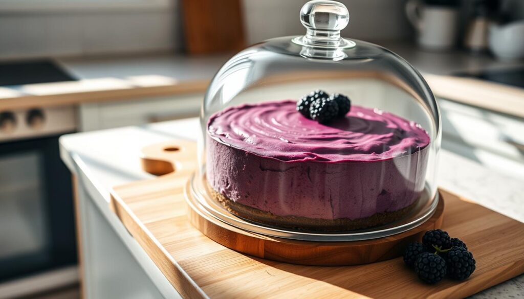 A cozy kitchen counter with a freshly baked homemade blackberry cheesecake resting on a wooden cutting board. The cake is presented in a clear glass dome or storage container, allowing its luscious texture and vibrant purple hue to shine. Soft, natural lighting illuminates the scene, casting gentle shadows and highlighting the cake's smooth surface. The background features a simple, minimalist backdrop, keeping the focus on the tempting dessert. The overall atmosphere exudes a sense of homely warmth and culinary delight, perfectly suited for a "Storage Recommendations" section in an article about creamy blackberry cheesecake.