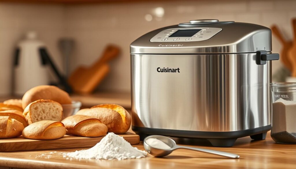 A cozy kitchen countertop showcasing a sleek Cuisinart bread machine, its gleaming stainless steel casing reflecting the warm, soft lighting. Beside it, an assortment of freshly baked breads, their golden crusts and fluffy interiors inviting the viewer to imagine the delightful aromas. In the foreground, a few key ingredients - flour, yeast, and a mixing spoon - hinting at the tips and techniques for successful bread baking. The overall scene conveys a sense of homey comfort and culinary expertise, inspiring the viewer to explore the art of bread making with their own Cuisinart appliance.