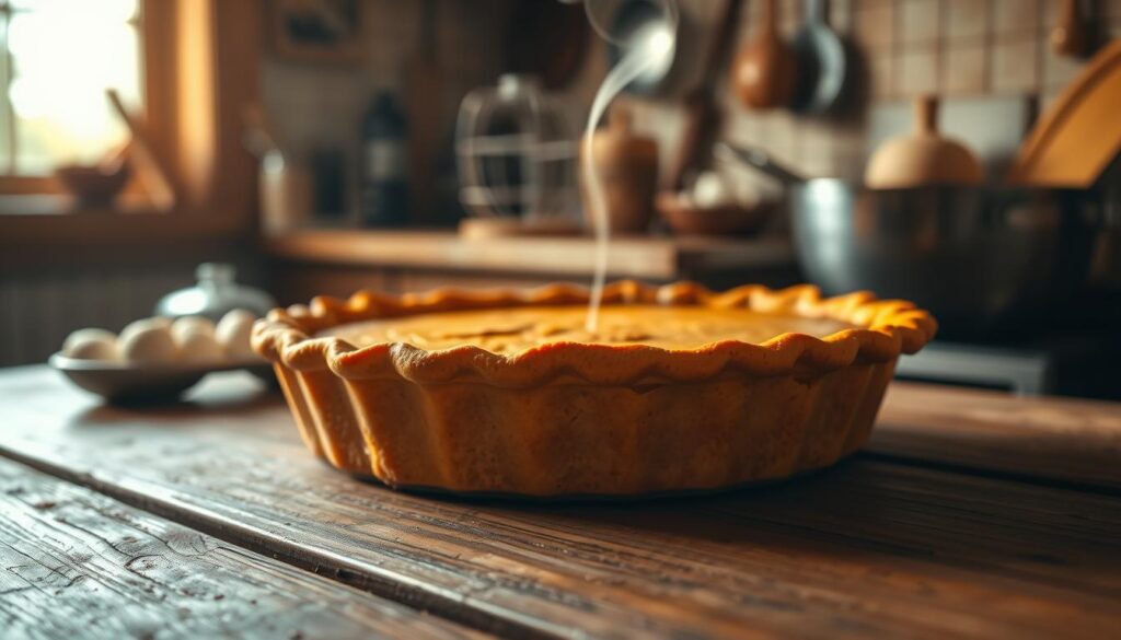 A cozy kitchen interior, with warm golden lighting illuminating a freshly baked pumpkin pie in the foreground. The pie, resting on a rustic wooden table, is a rich, deep orange hue, its surface gently crisped and slightly cracked, hinting at the creamy, spiced filling within. Wispy trails of steam rise from the pie, carried on the air by a gentle breeze. In the background, blurred but visible, are the outlines of baking utensils, mixing bowls, and other kitchen accoutrements, suggesting the process that led to this final, delectable result. The overall atmosphere is one of comfort, tradition, and the simple pleasures of homemade baking.