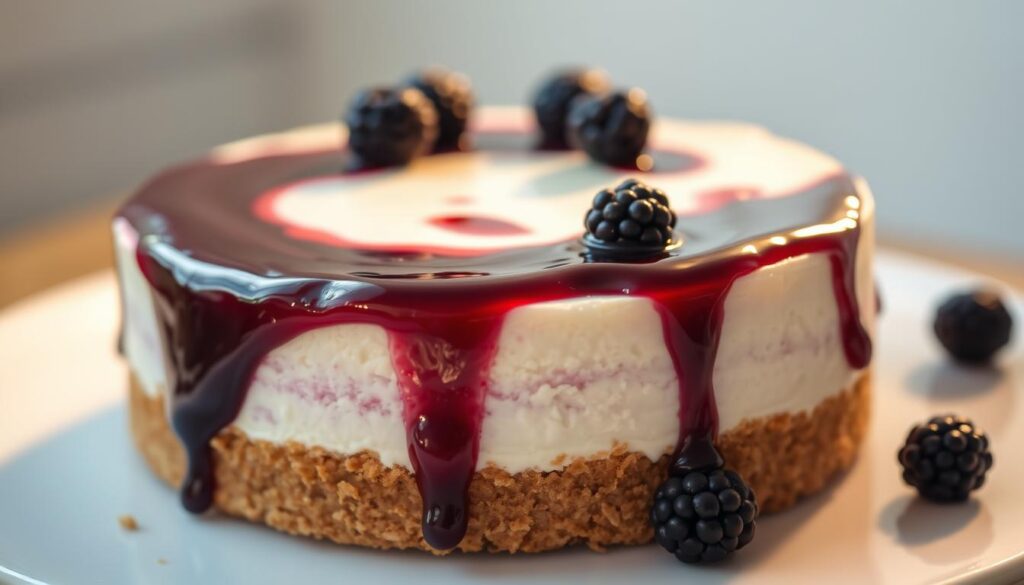 A creamy, luscious blackberry cheesecake resting on a buttery graham cracker crust, with a delicate swirl of fresh blackberry compote cascading over the top. The cake is bathed in soft, warm lighting, casting a dreamy, indulgent atmosphere. The camera captures the dessert from a slightly elevated angle, showcasing its sumptuous texture and irresistible appeal. The background is slightly blurred, keeping the focus on the centerpiece - a tempting, homemade blackberry cheesecake, ready to be savored.