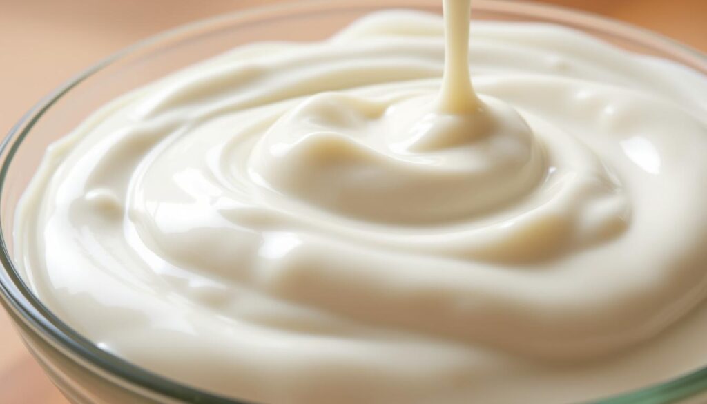 A creamy, luscious ranch dressing glistening in the soft, natural light. The foreground features a smooth, velvety texture with delicate swirls and gentle peaks, invitingly ready to be drizzled over crisp vegetables, juicy chicken, or crispy fries. The middle ground showcases a glass bowl or serving dish, its transparency allowing the dressing to shine. In the background, a simple, neutral setting, perhaps a wooden table or plain backdrop, allowing the hero - the ranch dressing - to take center stage. The overall mood is one of freshness, indulgence, and an irresistible cravability that perfectly complements the "Delicious Ways to Use Your Ranch Dressing" section.