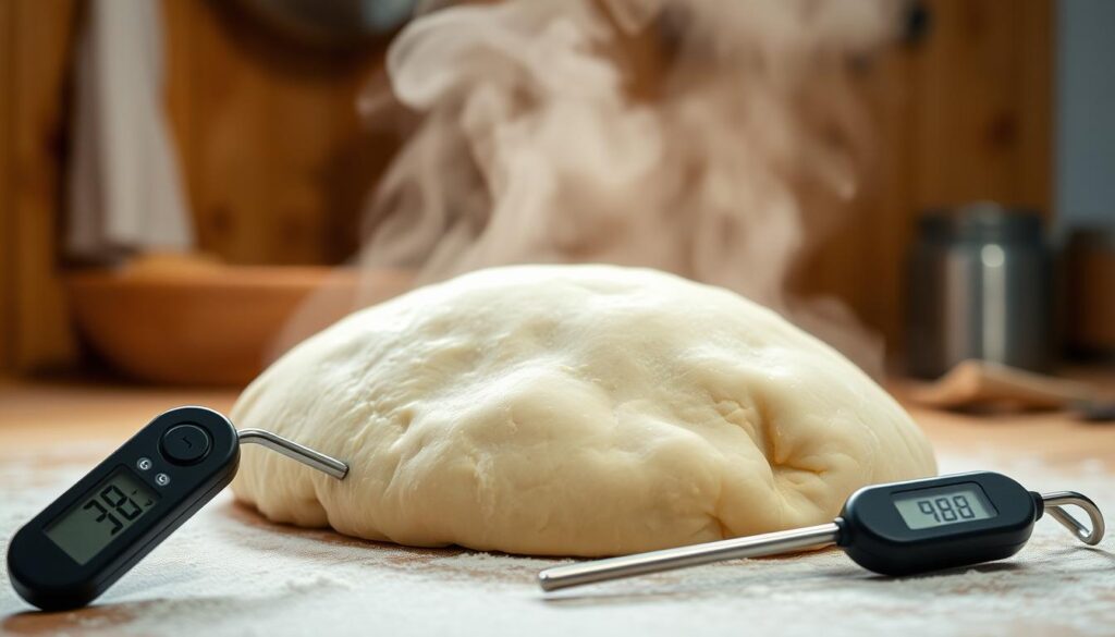 A crisp, dough-laden scene with soft, pliable calzone dough center stage, gently steaming against a backdrop of a warm, wood-paneled kitchen. Overhead, a soft, diffused light casts a cozy glow, highlighting the delicate texture and light golden hue of the freshly kneaded dough. The dough rests on a lightly floured surface, its surface slightly tacky, inviting the chef's touch. In the foreground, a digital thermometer stands at the ready, its display illuminating the ideal temperature range for the perfect calzone crust. The atmosphere is one of thoughtful preparation, where the temperature and handling of the dough are paramount to achieving the ultimate in flaky, savory perfection.