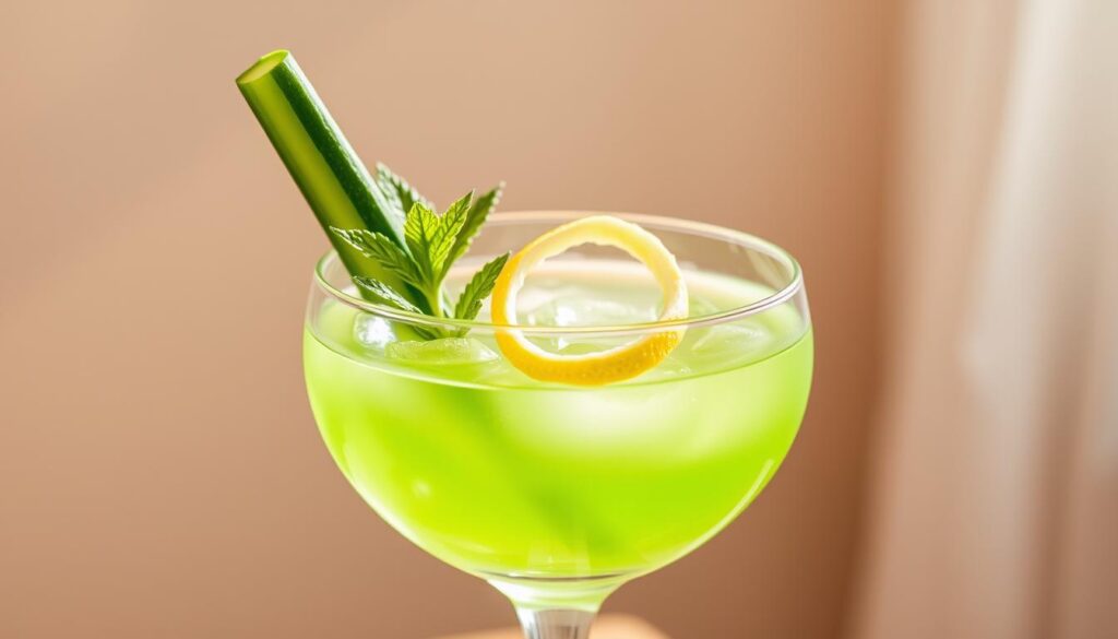 A crystal-clear cocktail glass filled with a bright green cucumber-infused gin martini, garnished with a slender cucumber spear, a few fresh mint leaves, and a delicate lemon twist. The glass is set against a soft, out-of-focus background, with gentle highlights reflecting off the liquid's surface, creating a sophisticated, refreshing, and visually enticing scene. The lighting is natural and warm, lending a welcoming ambiance to the image. The camera angle is slightly elevated, offering a compelling and appetizing view of the artfully crafted cocktail garnish.