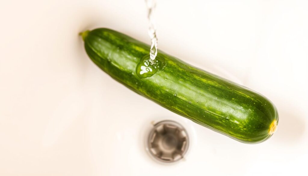 A cucumber resting on a bright white ceramic sink, its emerald green skin glistening under the warm, even lighting. A steady stream of clear water cascades over its surface, gently washing away any dirt or impurities. The cucumber is positioned at an angle, allowing the water to run smoothly down its length. The sink's bright, clean interior contrasts with the earthy vegetable, creating a calming, minimalist composition. The scene is captured from a slightly elevated perspective, giving a sense of order and control over the simple, yet essential, act of preparing the cucumber for consumption.