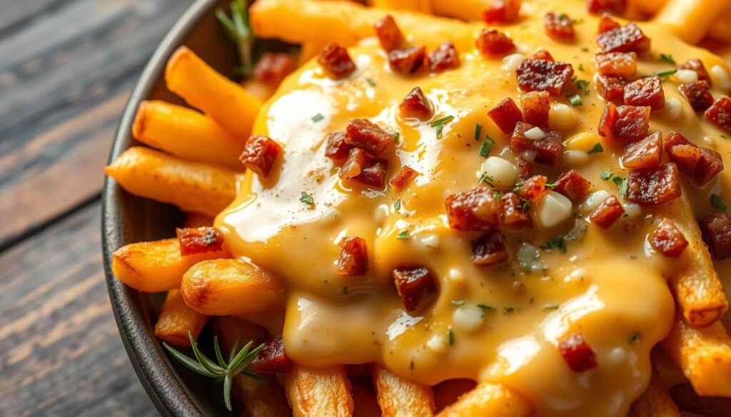 A decadent close-up shot of a generous portion of golden french fries, smothered in a rich, creamy cheese sauce. The fries are crispy on the outside and fluffy on the inside, topped with sizzling, melted cheddar and mozzarella cheeses. Aromatic herbs and spices, such as fragrant rosemary and smoky paprika, add depth of flavor, while diced bacon pieces provide a savory crunch. Captured in soft, natural lighting that accentuates the gooey, tempting texture of the sauce as it cascades over the fries. Presented on a rustic, wooden surface to evoke a homemade, comfort-food vibe.