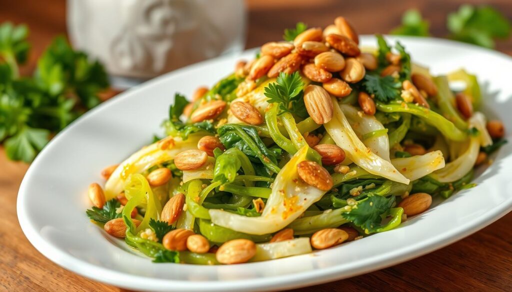 A delectable Brussels cabbage dish, dressed in a vibrant, tangy vinaigrette, garnished with toasted almonds and fresh parsley. The cabbage is gently sautéed, retaining its crisp texture, and arranged artfully on a white porcelain plate. Soft, natural lighting casts a warm glow, highlighting the rich greens and golden accents. The composition is balanced, with the cabbage taking center stage, flanked by the complementary toppings. The scene evokes a sense of rustic elegance, perfect for serving as a tasty and visually appealing side dish.