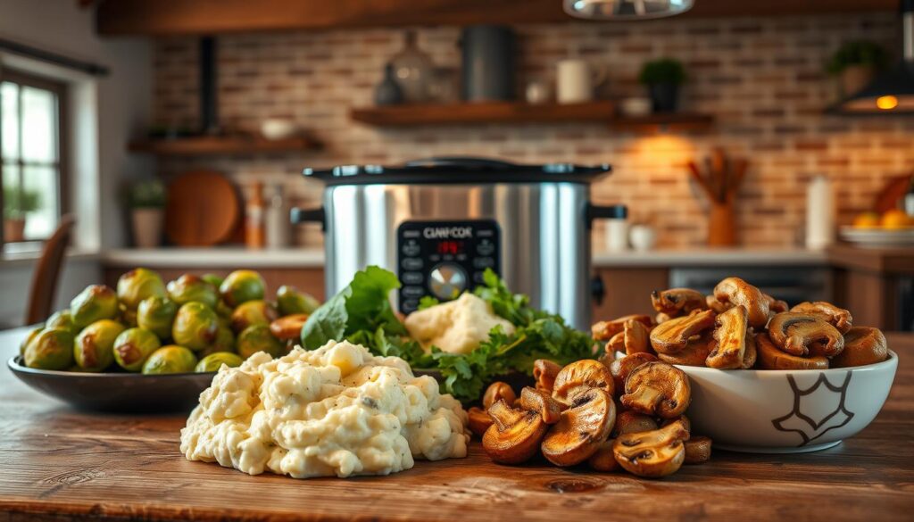 A delectable array of keto-friendly slow cooker side dishes, captured in an inviting kitchen scene. In the foreground, a variety of fresh, vibrant vegetables - roasted Brussels sprouts, creamy cauliflower mash, and buttery sautéed mushrooms - are neatly arranged on a rustic wooden table. Indirect, soft lighting casts a warm glow, accentuating the textures and colors. In the middle ground, a sleek, modern slow cooker simmers, its tempting aromas wafting through the air. The background features a cozy, farmhouse-inspired kitchen, with exposed beams, a brick backsplash, and simple, elegant decor, creating a harmonious, appetizing atmosphere.