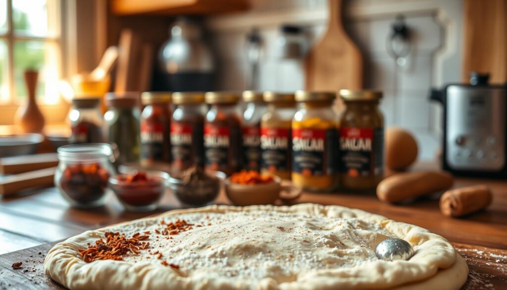 A delectable, artisanal calzone dough, infused with an array of fragrant, freshly ground spices. In the foreground, the dough rests on a wooden board, its surface dusted with a light coating of flour, ready to be expertly kneaded and shaped. The middle ground features an assortment of spice jars, their contents spilling out, hinting at the bold flavors to come. The background is a cozy, rustic kitchen, bathed in warm, natural lighting that casts a gentle glow on the scene. The overall mood is one of culinary craftsmanship, inviting the viewer to imagine the savory, hand-crafted calzones that will emerge from this flavorful dough.
