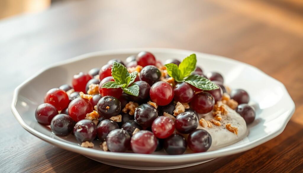 A delectable grape salad nestled on a white ceramic dish, garnished with fresh mint leaves and a light dusting of chopped walnuts. The grapes, plump and glistening, in a vibrant mix of deep purple and green hues, sit atop a creamy, luscious dressing. The scene is bathed in warm, natural lighting, captured at a slight angle to showcase the salad's alluring textures and colors. The background is a soft, out-of-focus expanse, allowing the grape salad to take center stage as the star of the composition.