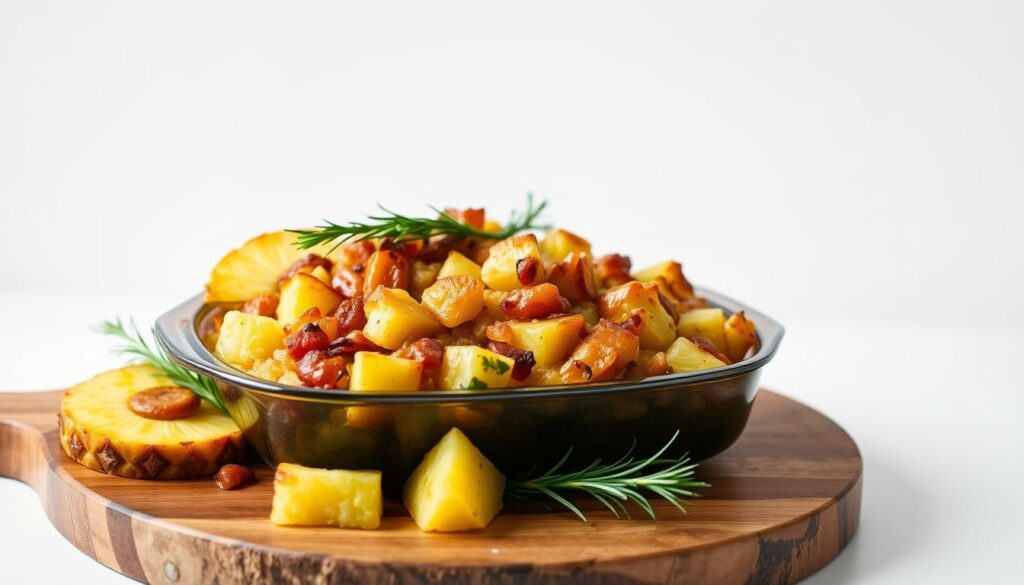 A delectable pineapple stuffing dish sits atop a wooden serving board, garnished with fresh pineapple slices and vibrant green sprigs. The golden-brown crust of the stuffing glistens under soft, diffused lighting, inviting the viewer to imagine its sweet and savory flavors. The composition is framed by a plain white background, keeping the focus on the appetizing presentation. The scene conveys a sense of rustic elegance, perfectly suited to accompany the "Serving Suggestions" section of the article.