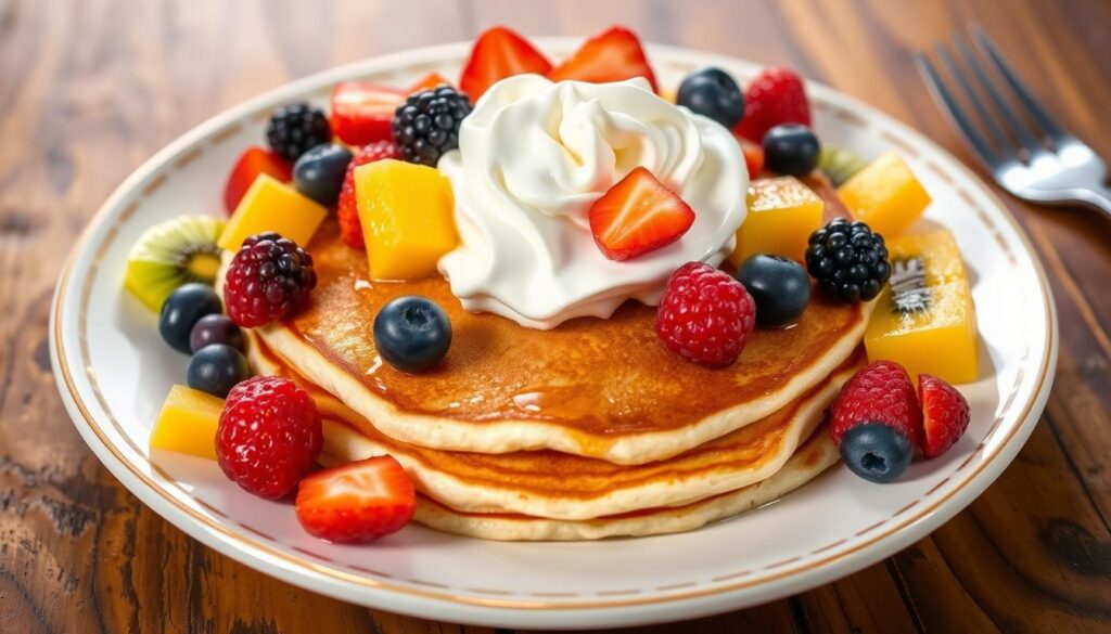 A delectable spread of Cracker Barrel-style fluffy pancakes, adorned with an array of freshly sliced berries, kiwi, and mango. A generous dollop of whipped cream crowns the stack, glistening under the soft, diffused lighting. The pancakes are perfectly golden-brown, with a slight crisp on the edges, beckoning to be savored. The composition is arranged on a rustic wooden table, evoking the cozy, homespun ambiance of a Cracker Barrel restaurant. The overall scene exudes a sense of comfort and indulgence, perfectly capturing the essence of the "Serving Suggestions for Cracker Barrel Pancakes" section.
