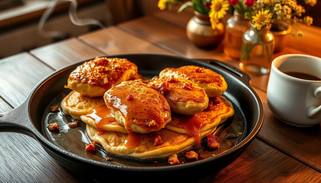 A delightful Blackstone chicken breakfast, sizzling on a cast-iron griddle under warm, golden lighting. Tender, seasoned chicken breasts sit atop a bed of fluffy, golden-brown pancakes, drizzled with rich maple syrup and sprinkled with crispy bacon bits. The scene is framed by a rustic wooden table, with a steaming cup of coffee and a vase of fresh wildflowers adding a touch of country charm. The atmosphere is cozy and inviting, perfect for starting the day with a satisfying and flavorful meal.
