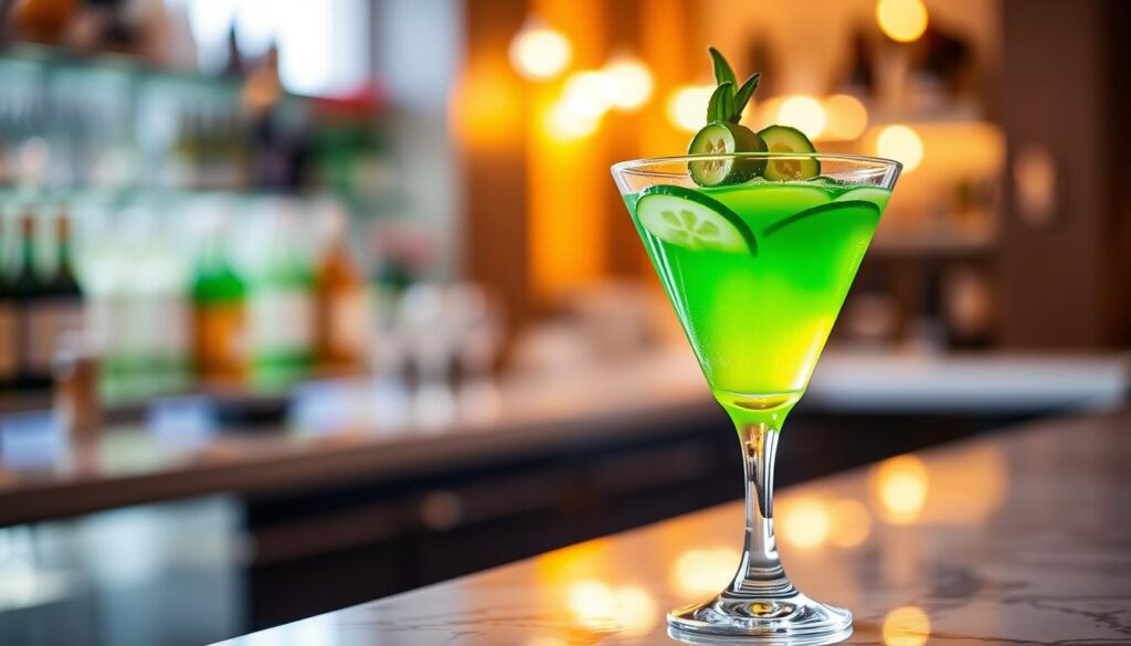 A delightfully crafted cucumber martini cocktail, its vibrant green hue reflecting the freshness of its star ingredient. The glass sits atop a sleek, marble-topped bar, casting an inviting glow under warm, diffused lighting. Sliced cucumbers and a single olive garnish the drink, adding a touch of elegance. The scene exudes a sense of refinement and sophistication, perfectly capturing the essence of a well-executed cucumber martini - a drink that promises to elevate any evening and provide a refreshing respite from common cocktail missteps.