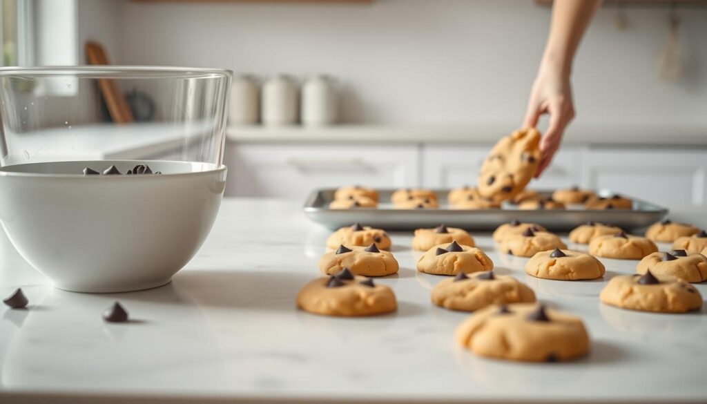 A detailed chocolate chip cookie recipe, shot in a bright, airy kitchen with natural lighting. The countertop is clean and uncluttered, with a large mixing bowl and measuring cups in the foreground. In the middle ground, the cookie dough is being carefully portioned onto a baking sheet, the cookies' golden-brown hue and perfectly-rounded shapes a testament to the recipe's success. The background features a neutral, minimalist backdrop, allowing the cookie-making process to take center stage. The overall mood is one of simplicity, efficiency, and the satisfaction of creating a delicious homemade treat without the need for brown sugar.