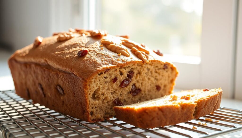 A freshly baked date nut bread, cooling on a wire rack against a bright, sun-lit kitchen window. The loaf is golden-brown, its surface gently cracked, emitting a warm, inviting aroma. Slivers of chopped dates and toasted walnuts dot the surface, adding texture and visual interest. Soft, moist crumbs are visible through the crisp crust. The scene is bathed in natural, diffused light, casting gentle shadows that accentuate the bread's contours. A sense of domestic tranquility and the promise of a delicious, homemade treat permeates the setting.