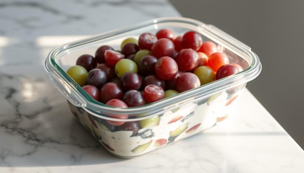 A glass storage container filled with a colorful grape salad, resting on a marble countertop. The salad appears fresh and inviting, with plump, juicy grapes in shades of deep purple and green, mixed with a creamy dressing. Soft, natural lighting filters in from the side, casting a warm glow on the scene. The container's lid is slightly ajar, hinting at the delicious treat within. The overall mood is one of appetizing simplicity, inviting the viewer to imagine the satisfying flavors and textures of this tasty grape salad leftover.